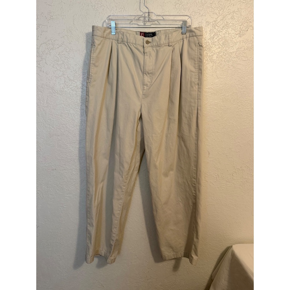 Chaps Mens Khaki Pleated Chino Pants 38x30 Tan Cotton Twill Relaxed Straight Leg